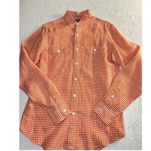 Polo Ralph Lauren Linen Shirt Mens Small Orange Gingham Button Up Long Sleeve